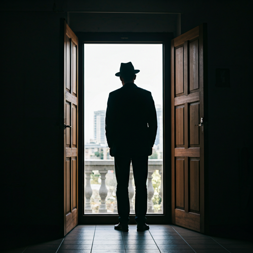 Silhouette of a man in a fedora standing in a brightly lit doorway
